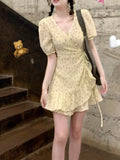 Ebbgo  -  Summer Cute Sweet Dress for Women Short Sleeve A Line Retro Vintage Korea Japanese Style Floral Robe Mini Dress