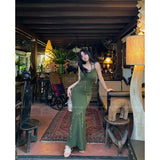 Ebbgo  Harajuku Prairie Chic Knitted Fairy Dress Sleeveless Elegant Sexy Hollow Out Green Slim One-Piece Frocks Gyaru French Elegance