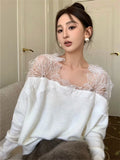 Ebbgo  Elegant Lace Patchwork Knitted Sweaters Women Chic Lady Spring 2024 Office Wear Pullovers Daily Loose Slim Casual