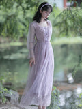 Ebbgo  Autumn Dress Purple Party Dresses Embroidered Lace Square Collar French Romantic Fairy Dresses Flared Sleeve Sweet Vestido midi