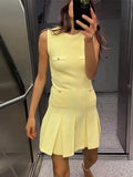 Ebbgo  -  Elegant Knitted Short Dresses Women Single-breasted Sleeveless O-neck Mini Dresses Summer Fashion Pocket Lady Streetwear