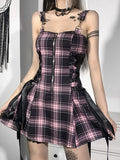 Ebbgo  Gothic Plaid Bandage Black Blue Dress Women Vintage Sleeveless Zipper Sexy Mini Dress Punk Aesthetic Summer A Line robe femme