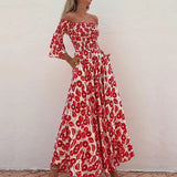 Ebbgo  -  Holidays Beach Floral Print Long Dress Women Spring Slash Neck Off Shoulder Maxi Dress Summer Flare Sleeve Backless Boho Dresses