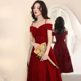 Ebbgo  -  Elegant Dress Women's off Shoulder Spaghetti Straps Mid-Length Bow Evening Dress Red Satin H82092