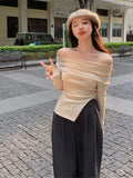 Ebbgo  - Y2K Top Women Casual Irregular Off Shoulder High Elasticity Pullover Female Spring Summer Solid Long Sleeves Tops Lady