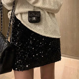 Ebbgo  Black Mini Sequin Skirt Women Korean Fashion Sexy Elastic Waist Slim A-line Short Skirt with paillettes Casual Autumn