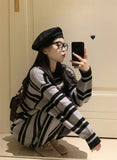 Ebbgo  -  Korean Style Striped Knitting Dress Autumn Winter Women O-Neck Long Sleeve Warm Slim Casual High Quality Sweater Dresses