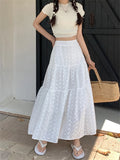 Ebbgo  Summer White Maxi Skirts Embroidery Florals Chic Loose Elastic Waist Gentle Mujer Casual All Match Streetwear