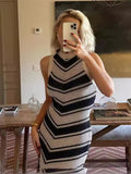 Ebbgo  -  Tassels Dress Women Knit Sleeveless Stripe Patchwork Slim Long Robe Female Spring Summer Fashion O-neck Soft Dresses Lady