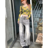 Ebbgo  Grey Jeans Women High Waist American Plus Size Wide Leg Pants 90s Vintage Straight Baggy 2000s Denim Trousers Mom Oversize Pants