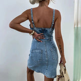 Ebbgo  -  Women's Casual V Neck Slim Short Dress New Summer Spaghetti Strap Zipper Denim Dress Sexy Sleeveless Wrap Club Party Dress