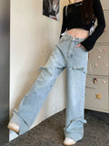 Ebbgo  Vintage Y2k Bow Washed Baggy Jeans Streetwear Women Korean Fashion Loose High Waisted Straight Wide Leg Denim Pants