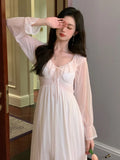 Ebbgo  Women French Sweet Princess Nightgowns Sleepwear Spring Autumn Mesh Solid Color Fairy Victorian Princess Nightwear Home Dress