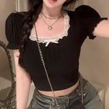 Ebbgo  -  Lace Lace Puff Sleeves Bow Short Sleeve T-shirt Women's Summer Cropped Slim Fit Black Shoulder Top