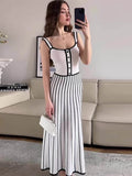 Ebbgo  -  Striped Knit Sling Long Dress Women Elegant Strap Backless Sleeveless Patchwork Party Dresses Vintage Fashion Lady Robe