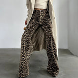 Ebbgo  2024 Leopard Print Low-waisted Wide Leg Pants Women Fashion Loose Pocket Zipper Long Trouser Lady Spring Elegant Streetwear