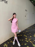 Ebbgo  -  Summer New Korean Age Reducing Hanging Neck Sleeveless Pink Plaid Irregular Bow Dress