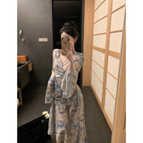 Ebbgo  Women Clothing Dress Korean Version Slim Medium Length Temperament Long Skirt Design Sense Chic Lace Up Split Blue Floral Dress