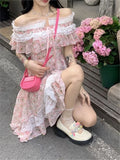 Ebbgo  Floral Kawaii Lolita Party Mini Dress Women Print Ruffles Korean Sweet Cute Fairy Dress Off Shoulder Elegant Dress Summer