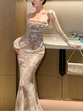 Ebbgo  -  Vintage Elegant Bandage Mermaid Dress White Lace Wedding Evening Prom Robe Women Summer Bodycon Spaghetti Straps Vestidos Mujer