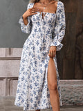 Ebbgo  Boho Long Dresses Women Vintage Floral Print Dress Female Elegant Square Collar Backless Dress Ladies Casual Beach Party Vestido