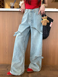 Ebbgo  Vintage Y2k Bow Washed Baggy Jeans Streetwear Women Korean Fashion Loose High Waisted Straight Wide Leg Denim Pants