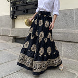 Ebbgo  -  New Summer Pattern Printed Loose Beach Skirt Casual High Waist Pleated Long Skirt Bohemian Women's Street Swing Half Skirt