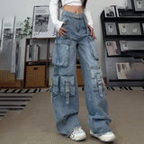 Ebbgo New Blue with Belt Wide Leg Loose Jeans Streetwear Vintage Y2k Pockets Trousers Circyy Cargo Pants Women High Waisted Jeans