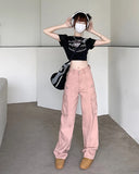 Ebbgo  -  Pants Women's Pink Jeans High Waist Straight Pants Spring American Loose Overalls Wide Leg Pants