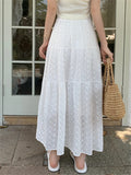 Ebbgo  Summer White Maxi Skirts Embroidery Florals Chic Loose Elastic Waist Gentle Mujer Casual All Match Streetwear