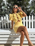 Ebbgo  Fashion Hollow Out Bow Women Party Dress 2024 Spring Summer Elegant Slim Puff Sleeve High-waist Mini Yellow Female Streetwear