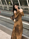 Ebbgo  -  Fashion Mesh Bamboo Print Dress for Women Sexy Off Shoulder Long Sleeve Dresses Y2k E-Girl Mid-length Loose Vestidos Mujer