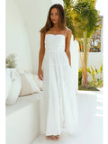 Ebbgo   Flower Embroidery White Lace Summer Women Dress Tie Up Sexy Backless Beach Maxi Dress Sleeveless Party Long Vestidos