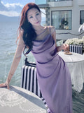 Ebbgo  Summer Elegant Satin Graduation Party Midi Dress Women France Chic Slim Spaghetti Straps Robe Korean Folds Clothes