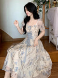 Ebbgo  -  Korean Fashion Lace Fairy Midi Dress Summer Kawaii Puff Sleeve Princess Evening Party Vestidos Women Casual Lolita Dress