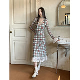 Ebbgo  Women's Clothing Check Dress New Chinese Style Tea Break French Style Contrast Color Chic Unique Female Temperament Lace Skirt