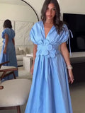 Ebbgo  -  Elegant Blue 3D Big Flower Pleated Long Dress Fashion V Neck Sleeveless Wrapped Waist Dresses Summer Female Vacation Party Robes