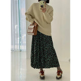 Ebbgo  green flower skirt spring and summer elastic high waist thin a-word satin skirt