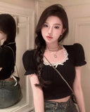 Ebbgo  -  Lace Lace Puff Sleeves Bow Short Sleeve T-shirt Women's Summer Cropped Slim Fit Black Shoulder Top