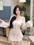 Ebbgo  -  Korean Fashion 2 Piece Dress Sets Summer Beach Sexy Party Women Lace Floral Irregular Strap Mini Dress + Casual Cardigan