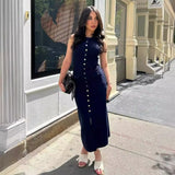 Ebbgo  -  Summer Knitted Long Dress Women Elegant O-Neck Sleeveless Slim Holiday Dresses Fashion Button Casual Basic Dress Apricot