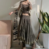 Ebbgo  -  Pleated Skirts y2k Fairycore Ruffles Shirring Lace Trim Cute Midi Skirts Women Holiday Prepply Chic Skirts Korean Harajuku