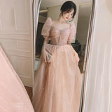 Ebbgo  Shiny Prom Dress Women Puff Sleeve Backless Tulle Elegant Fairy Floor-length Party Gown Luxury Quinceanera Princess Dresses