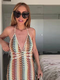 Ebbgo  -  Contrast Knitted Long Dress Women Backless Sleeveless Halter Panelled Vacation Beach Dresses Summer Slim Lady Crochet Robe