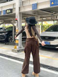 Ebbgo  -  Vintage High-Waisted Drawstring Overalls Leggings Women's Early Autumn Loose Wide Leg Pants Straight Leg Pants Long Pants