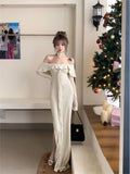 Ebbgo  Woman Off-shoulder Long Sleeves Knit Maxi Dress Women White Flower Choker Side Slit Pretty & Elegant Flowy Ruffle One-piece