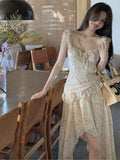 Ebbgo  2024 Spring And Summer Sweet Flying Sleeve Floral Halter Dress Female Design Sense Holiday Wind Fairy Print Long Dress