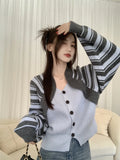 Ebbgo  -  Casual Striped Long Sleeved Patchwork Fake Two-piece V-neck Sweater Knitted Cardigan Fashion Tops Autumn New Coat