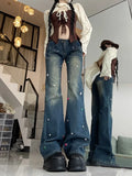 Ebbgo  Sweet Cool Colorful Diamond Jeans Women 2024 Autumn New Low-waisted Denim Pants Y2k Grunge Straight Casual Flare