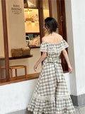 Ebbgo   Summer Elegant Plaid Lace Up Long Dress Vintage Lace Ruffles Slash Neck Holiday Beach Dress Korean Y2k Casual Party Dress